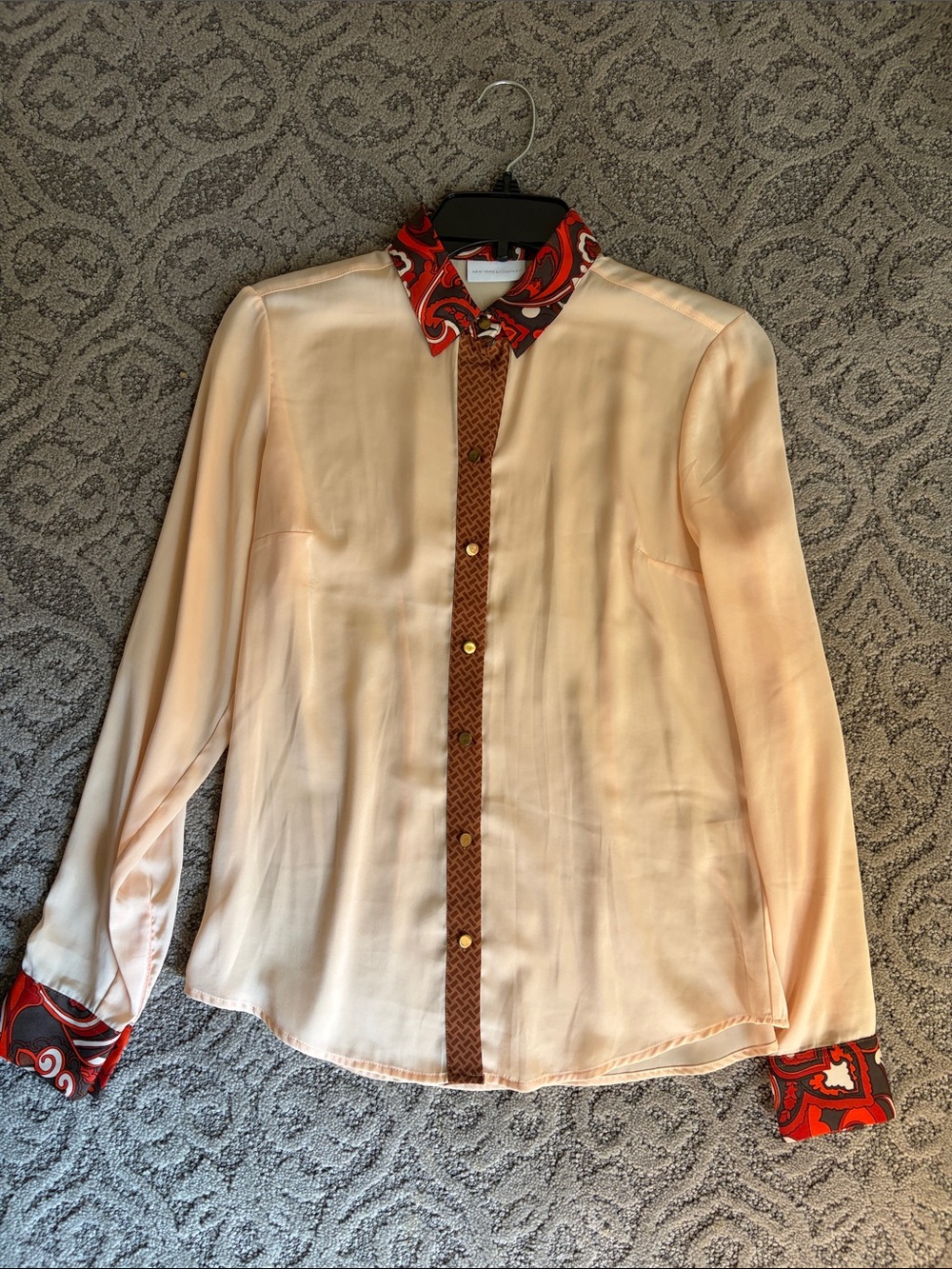 New York & Company Cream Button-Down Shirt with Red Patterned Trim